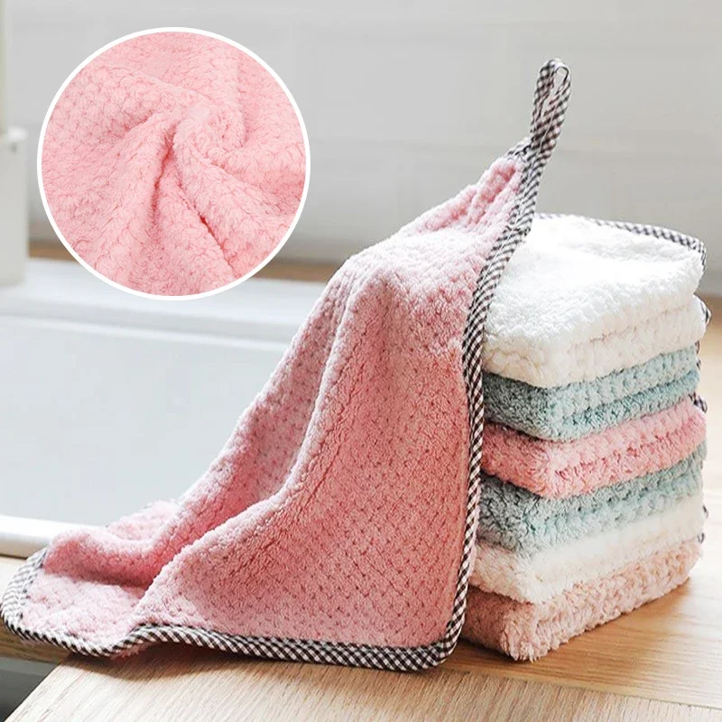 1Pc Kitchen Towels Coral Fleece Hangable Cleaning Cloth for Tableware Dish Cloth Microfiber Absorbent Household Cleaning Towels