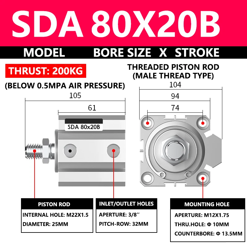 

ABILKEEN SDA80X20B SDA Series Thin Air Cylinder 80MM Male Thread Bore X 20MM Stroke Double Acting Pneumatic Compact Cylinder