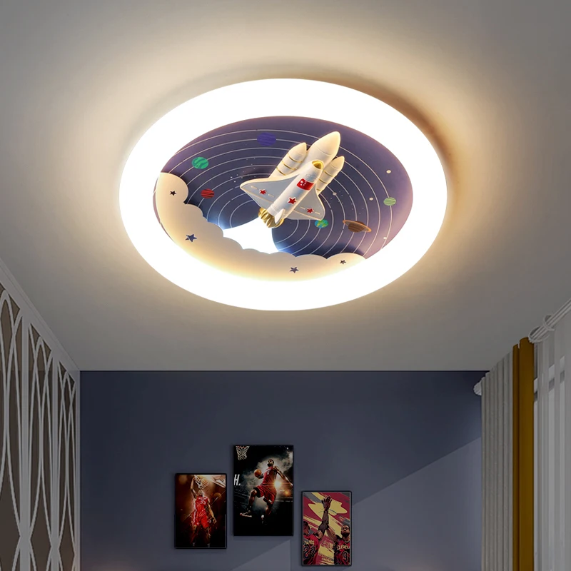 Imagem -02 - Cartoon Space Rocket Led Ceiling Lights Children Room Boys Bedroom Study Baby Kids Chandelier Planet Moon Airplane Lamp