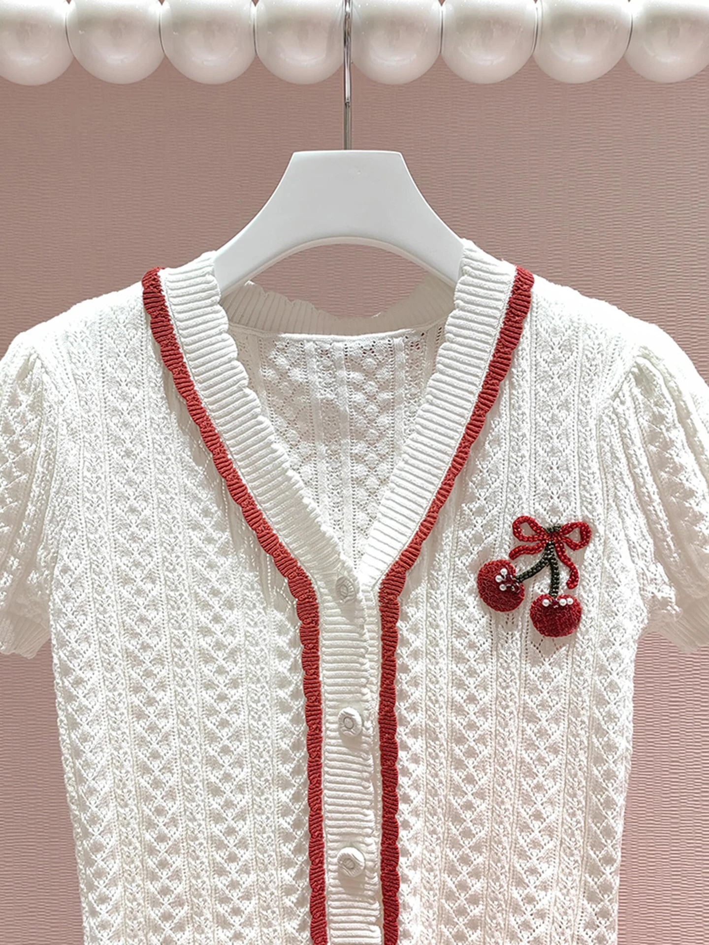 Luxury Summer Cherry Shiny Sequin Embroidery Knitted Open Cardigan Top Women's Fashion Commute Style Loose Fit Short Sleeve V...