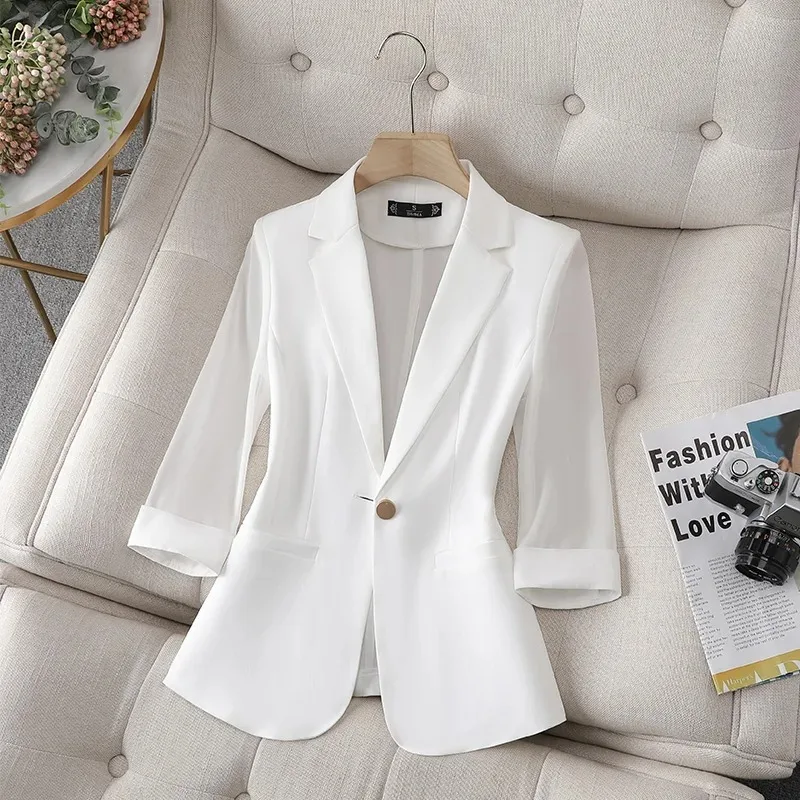 Slim Ice Silk Chiffon Sleeve Blazer Women 2023 Summer Single Button Jacket 3/4 Sleeve Suit Tops Office Ladies Coat Blazers Mujer