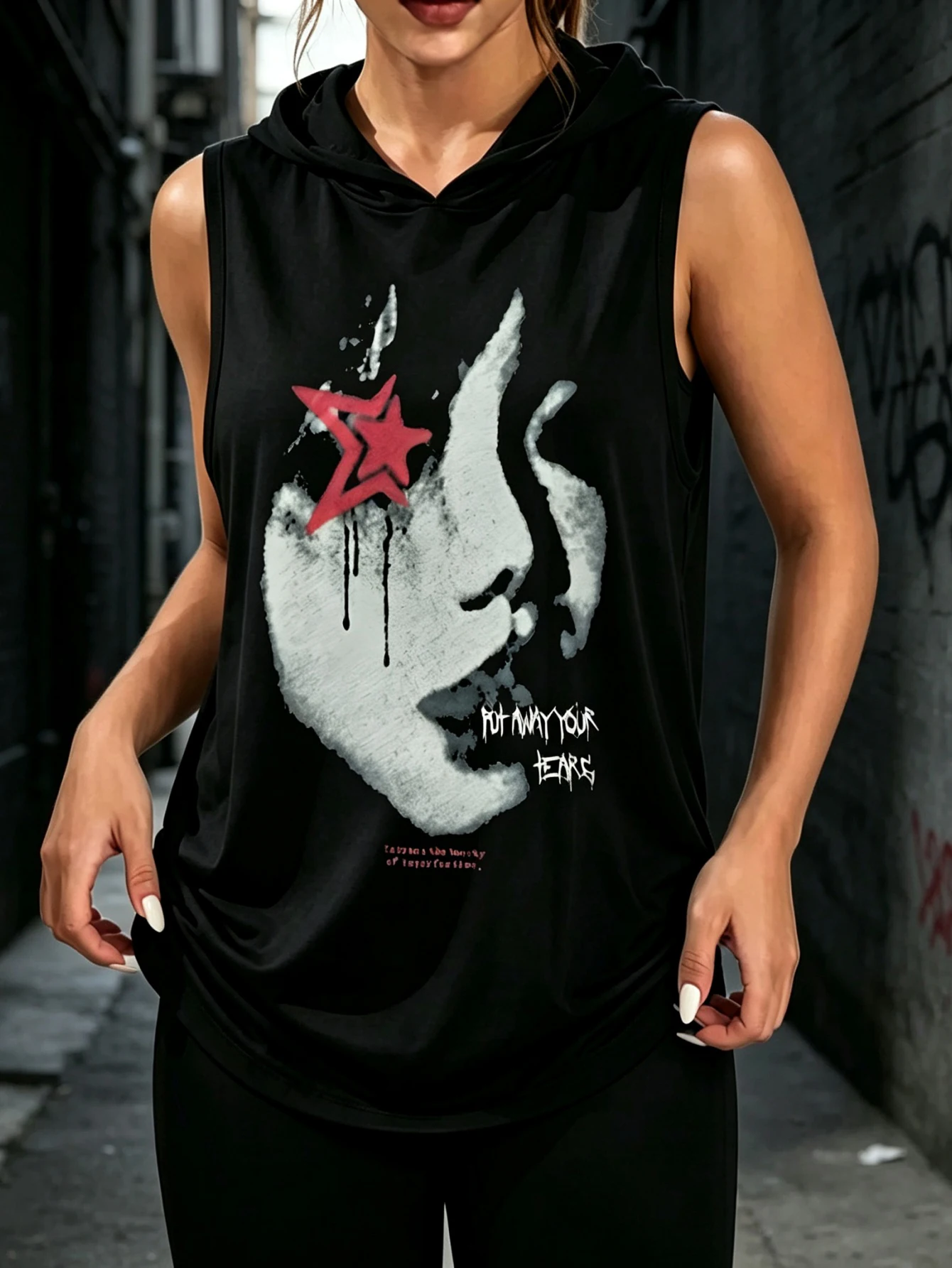Put Away Your Tears Face Red Star Graphic Sleeveless Hooded Tank Top Unisex Grunge Dark Punk Drip Print Hood Vest Gothic Streetwear Sleeveless Hood Tank For Men Women