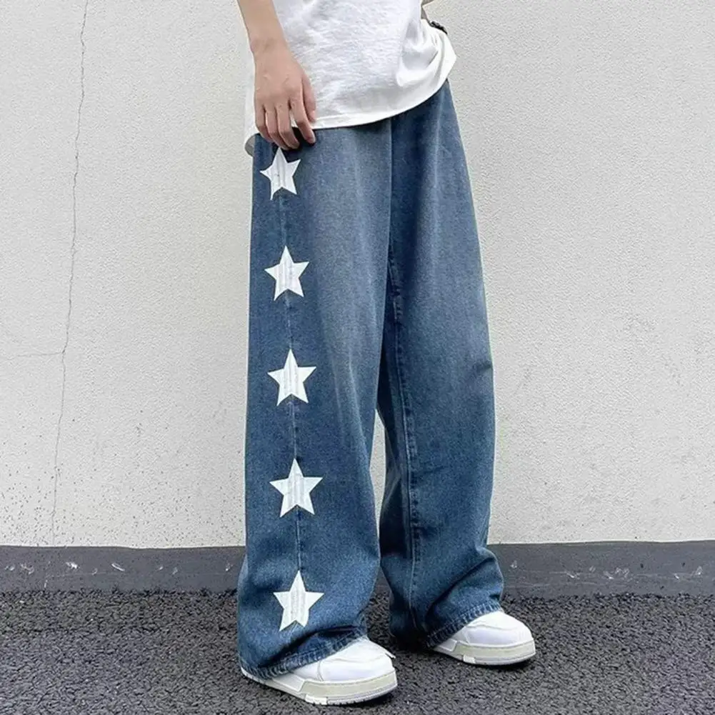 

1Pc Soft Men Jeans with Star Print Retro Denim Trousers Button Zipper Closure Streetwear Men's Wide Leg Jeans for Daily Wear