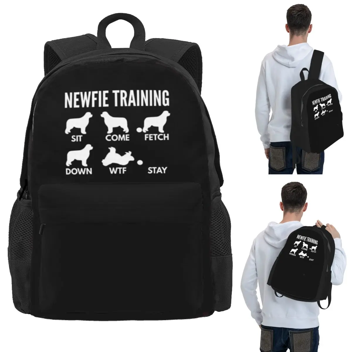 Newfie Training - Newfoundland Dog Tricks Student Backpack School Bag Hiking Travel Daypack for Boys Girls Bookbag Shoulder Bags