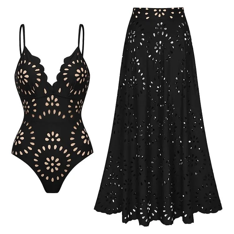 2025 new popular solid color sexy laser cut swimsuit women's one-piece two-piece swimsuit set