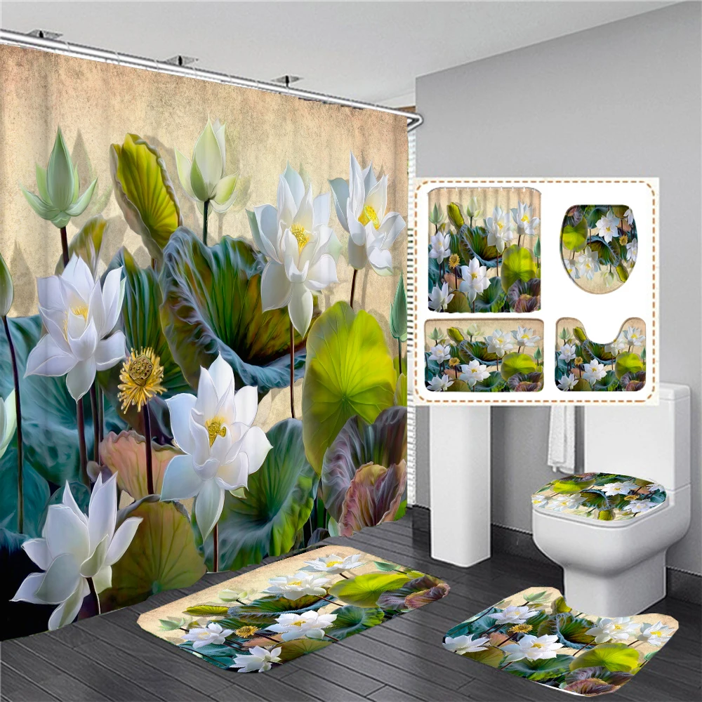 

lotus Flower Print Shower Curtain Chinese style Waterproof Bathroom Curtains Home Decoration Non-Slip Rugs Bath Mat Set
