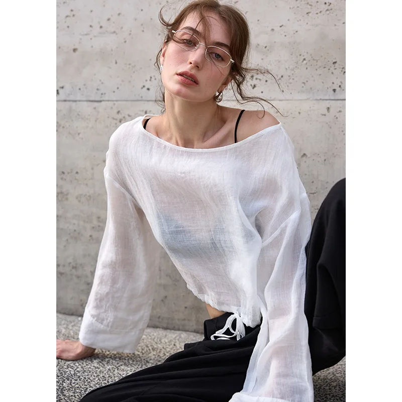 Pure 100% Ramie Long-sleeved T-shirts Women Drawstring Round Neck White Color Summer Lightweight Sun Protection Loose Casual Top