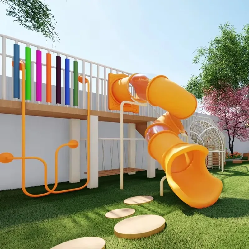 Children Playground Wooden frame Play Structure With Yellow Joint Slide Play Ground S Style Slide Equipment