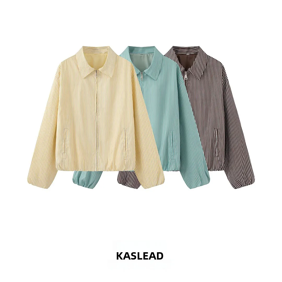 KASLEAD New Women's Fashion High-End Bubble Hem Striped Jacket Polyester Fiber Long Sleeve Zipper Closure Autumn Seasonal Wear