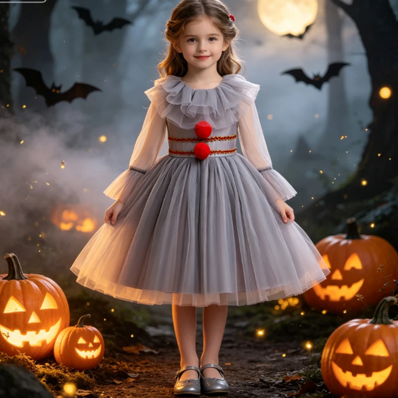 2026 Mädchen Halloween Kostüm Karneval Cosplay Gruseliger Clown Kostüm Kinder Dress Up Party Kleidung Kinder Neue Grau Joker Tutu Kleid