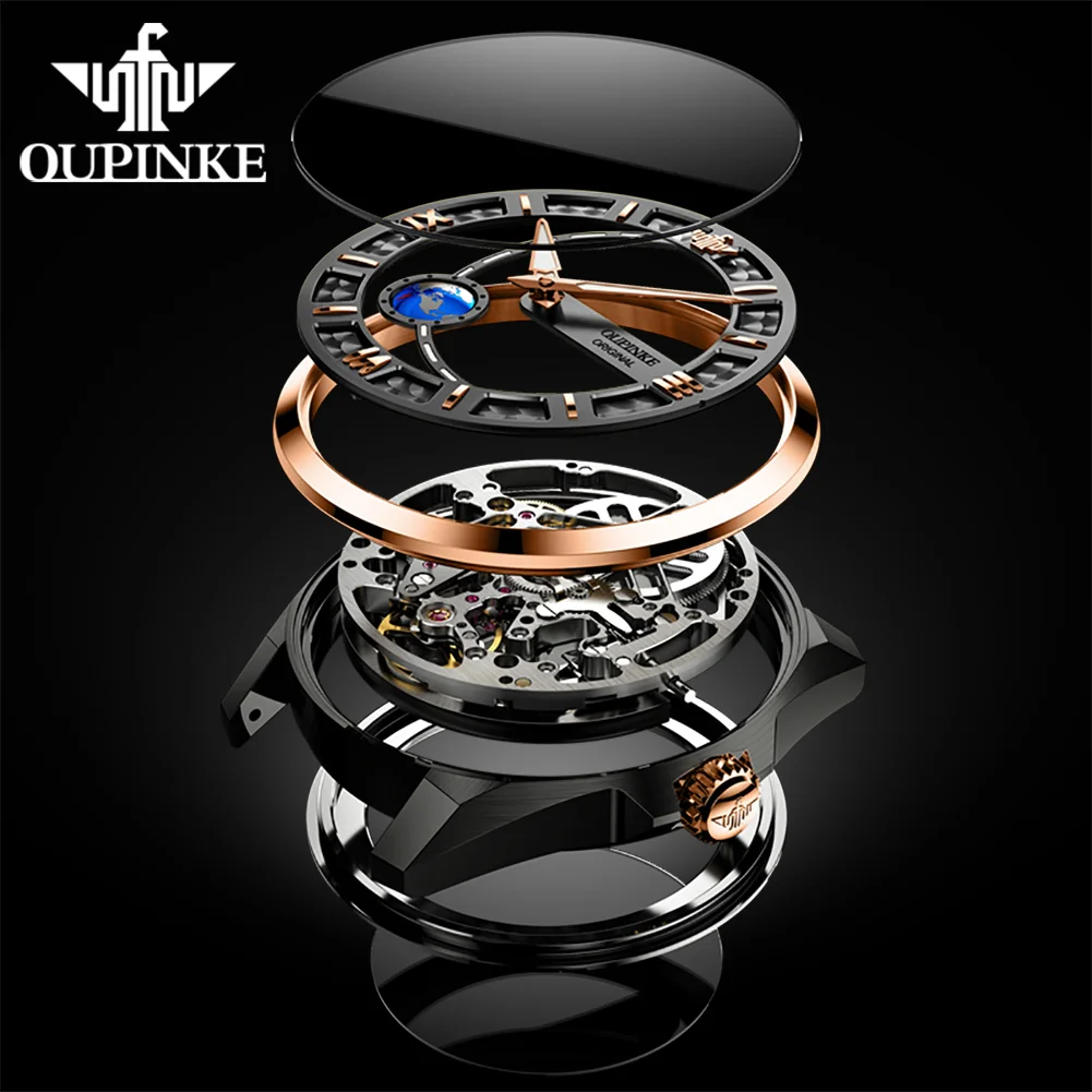 OUPINKE 3268 Luxury Men Fully Automatic Mechanical Watch Fashion Hollow 3D Rotating Earth Watch Sports Men Waterproof Clock