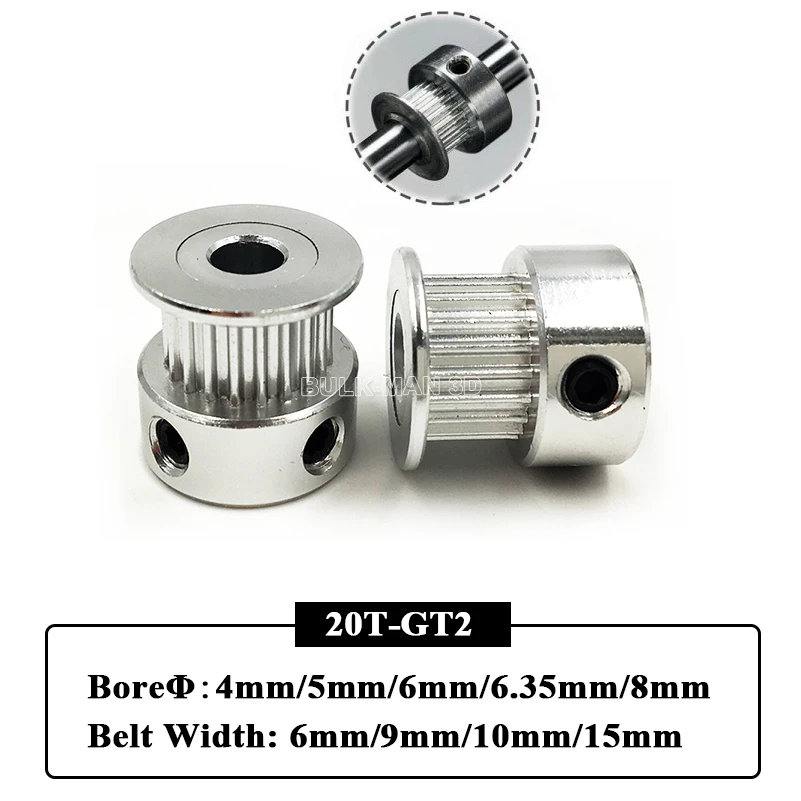 GT2 20 Teeth Alumium 2GT Timing Pulley Inner Diameter 4mm/5mm/6mm/6.35mm/8mm for Width 6mm/9mm/10mm/15mm Timing Belt