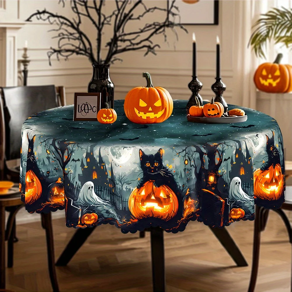 Single pack, cat-themed, Halloween tablecloth, blue decoration, artistic and abstract style, suitable for restaurantszyc