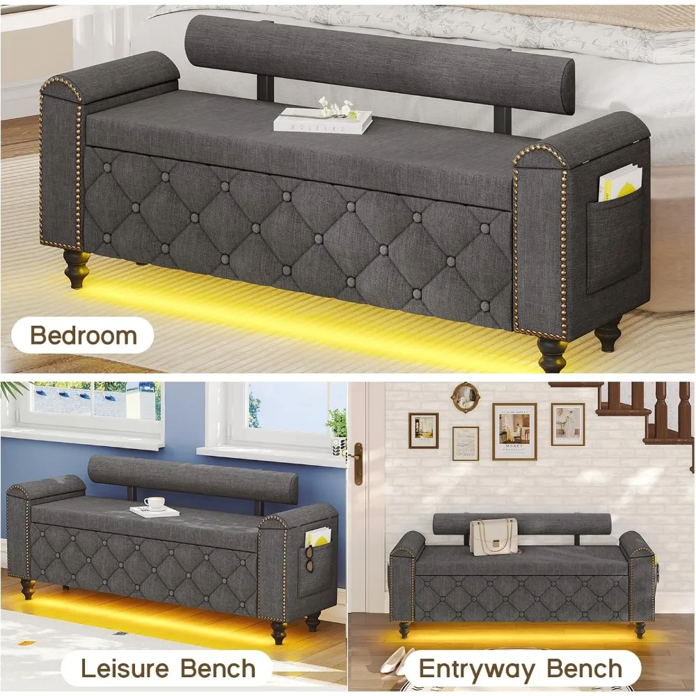 51인치 수납형 오토만, 등받이가 있는 수납형 오토만 벤치, 곡선형 팔걸이가 있는 터프티드 현관 벤치