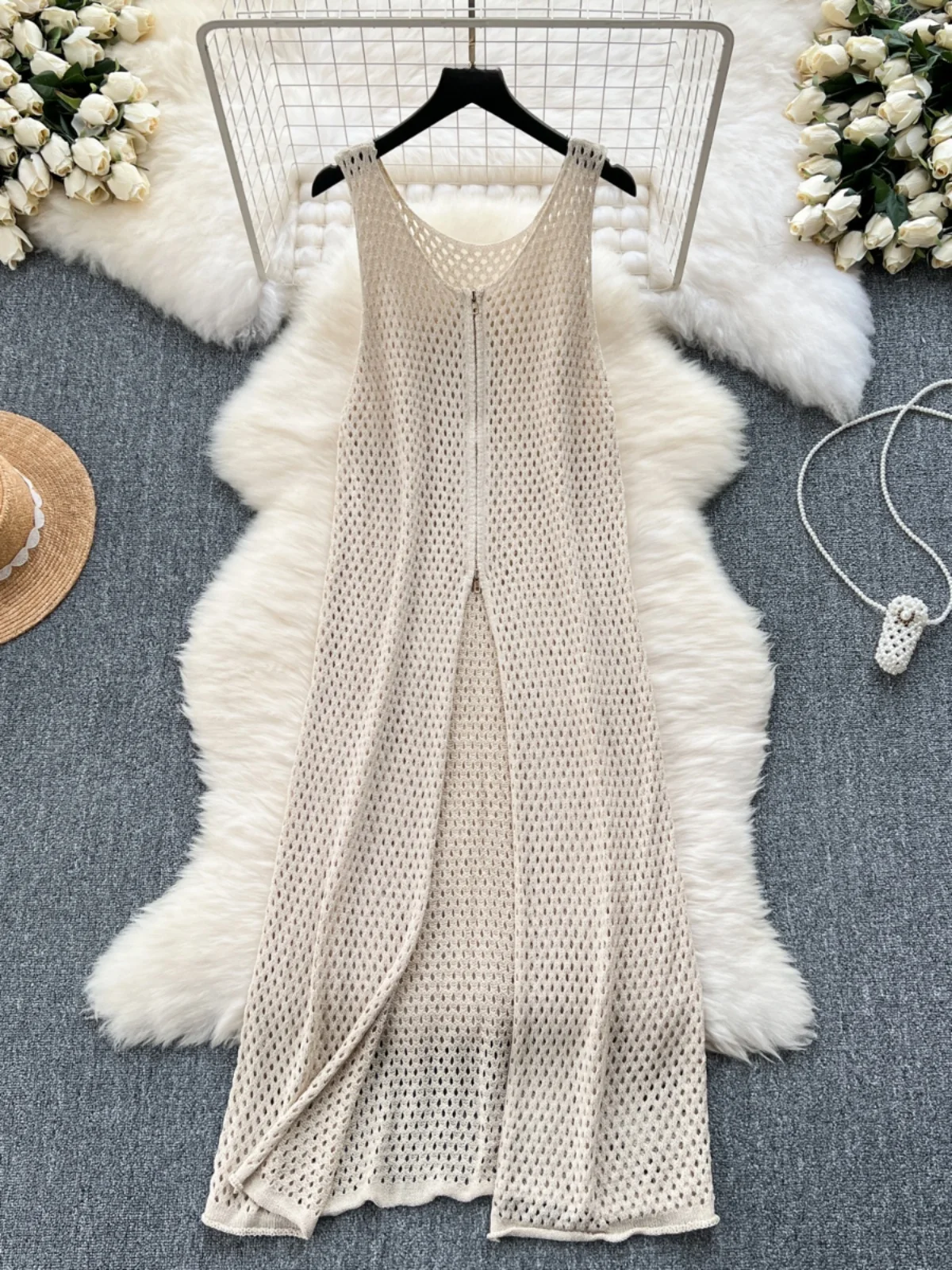 Vestido Longo de Tricô Estilo Coreano para Mulheres, Sem Mangas, Cintura Alta, Saia Midi em A, Design de Camadas com Zíper e ...