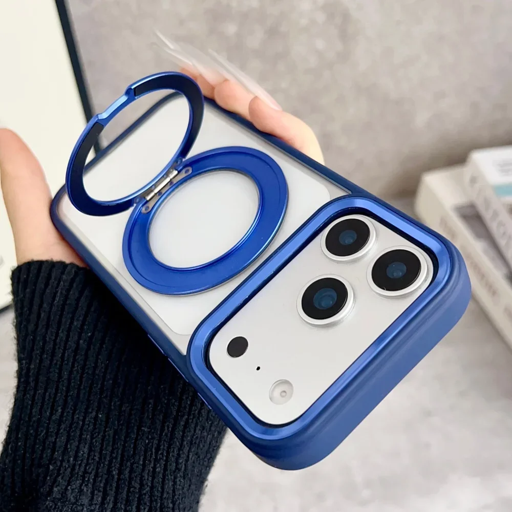 

Metal Camera Soft Silicone Bumper Magnetic Ratating Stand Holder Case 17 16 Pro Max Air 15 Plus 14 13 12 For Magsafe Clear Cap