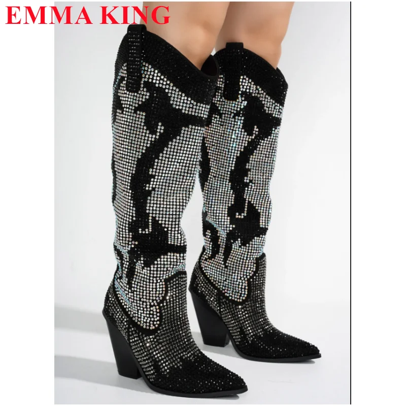 Womens Rhinestone Block Heel Western Boots 2023 Pointed Toe Knee High Boots Luxury Bling Party Shoes Cowboy Cowgirl Shine Boots