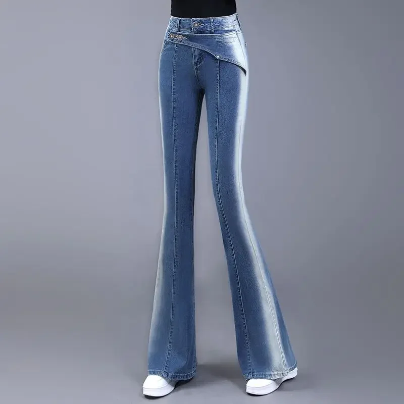 Vintage Gradient Black Korean Slim Flare Jeans High Waist Women Spring Autumn Full Pants Pocket Simple Casual Trousers ZT370