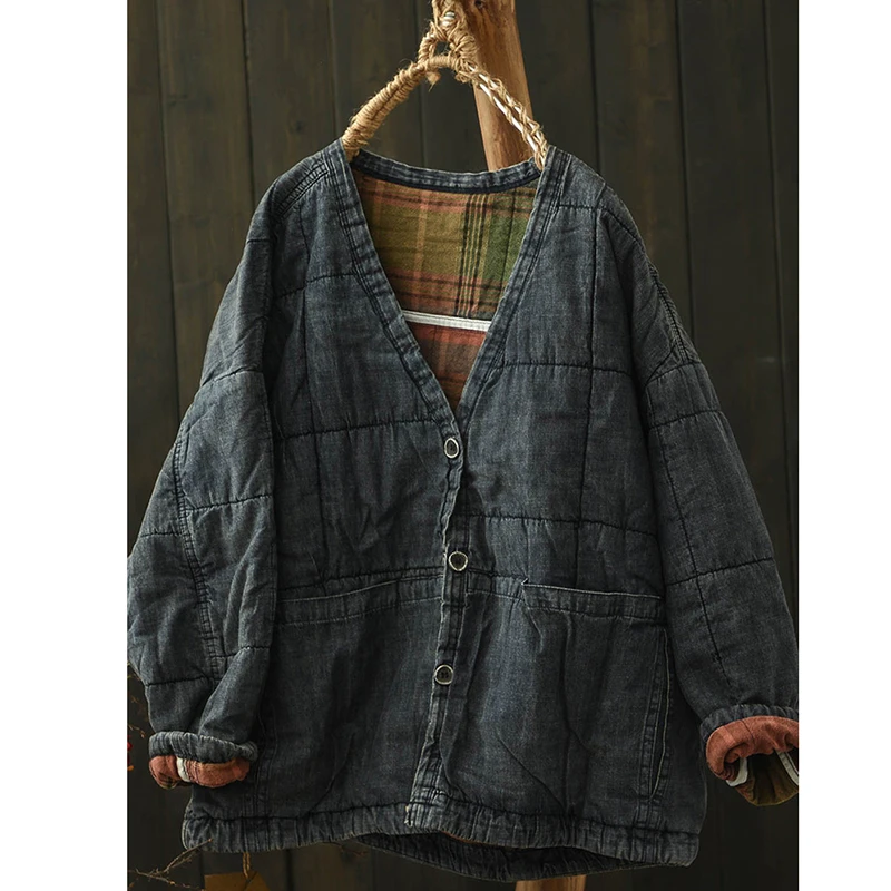 

2025 New Arrival Winter Women Loose Single Breasted Long Sleeves Parkas Warm Thickened V-neck Cotton Denim Casual Coats Q179