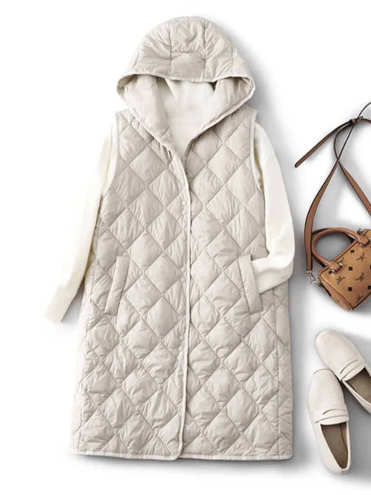 Women's Lightweight Long down Jacket Vest Autumn Winter Inner Wear Hooded Cotton Vest Loose Fit Fashionable Outerwear