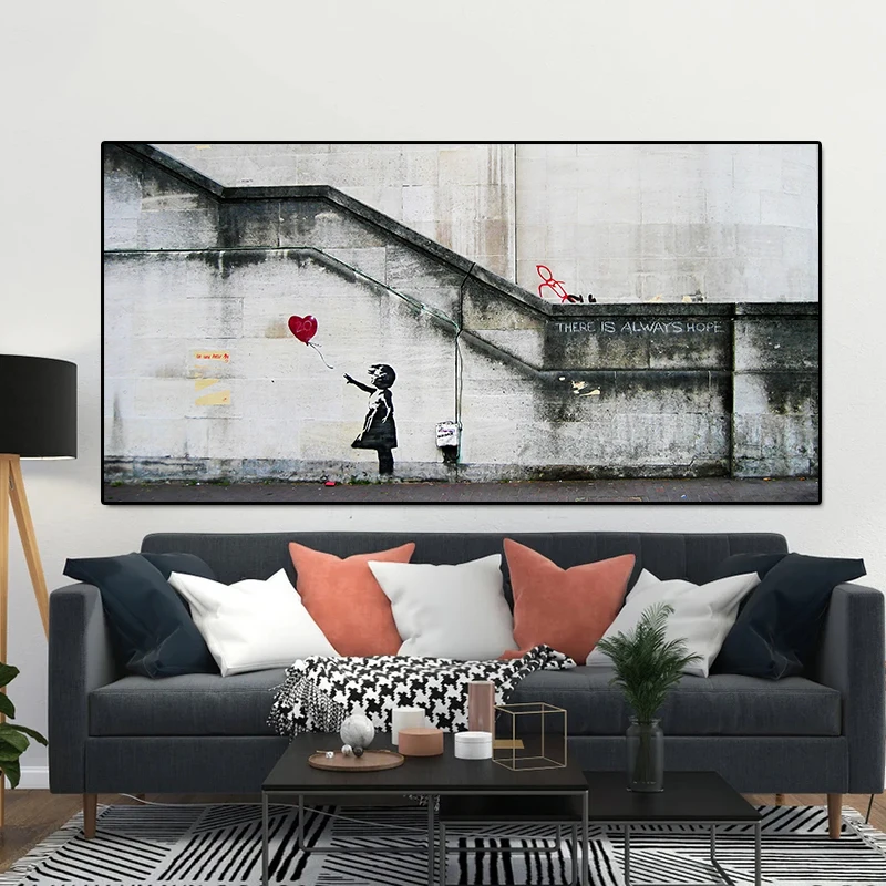 Banksy Graffiti Canvas Painting, Street Pop Art Posters and Prhonneur, Girl Chasing Balloons, Wall Manage for Living Room, Home Decor