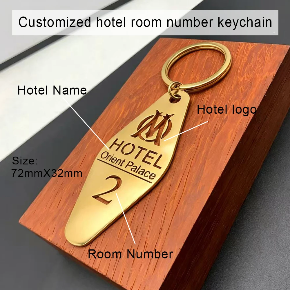 Personalized customized hotel room number keychain carved stainless steel motel key logo label lucky number keychain