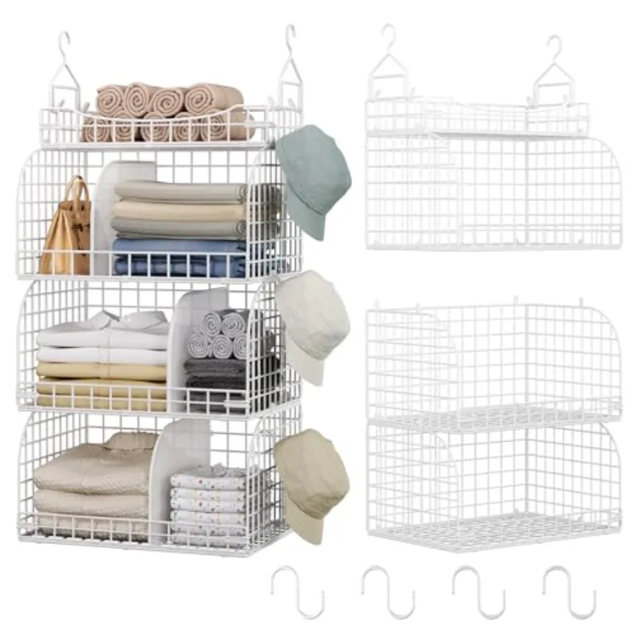 

Подвесной органайзер для шкафа - 3-ярусные металлические складные полки для хранения с разделителями и S-образными крючками для одежды