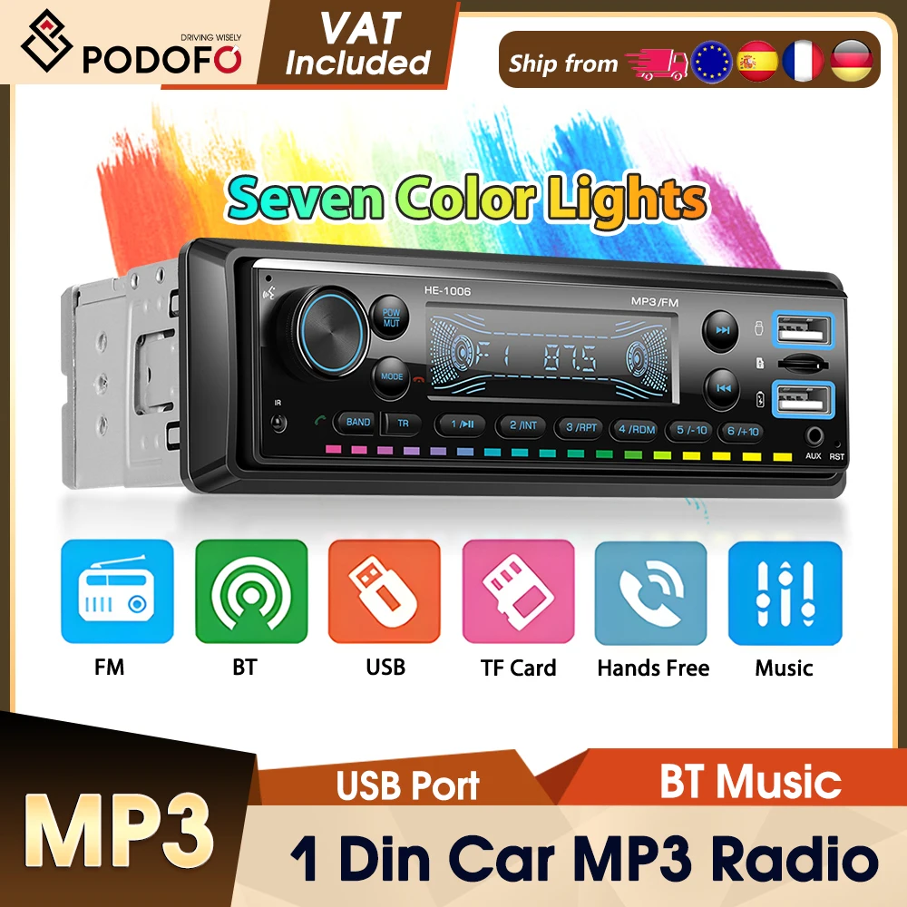 Podofo Auto MP3 Autoradio 12V Autoradio 1 Din Universal Autoradio Stereo mit Unterstützung für BT Telefon AUX-IN MP3 FM/USB/Radio Fernbedienung