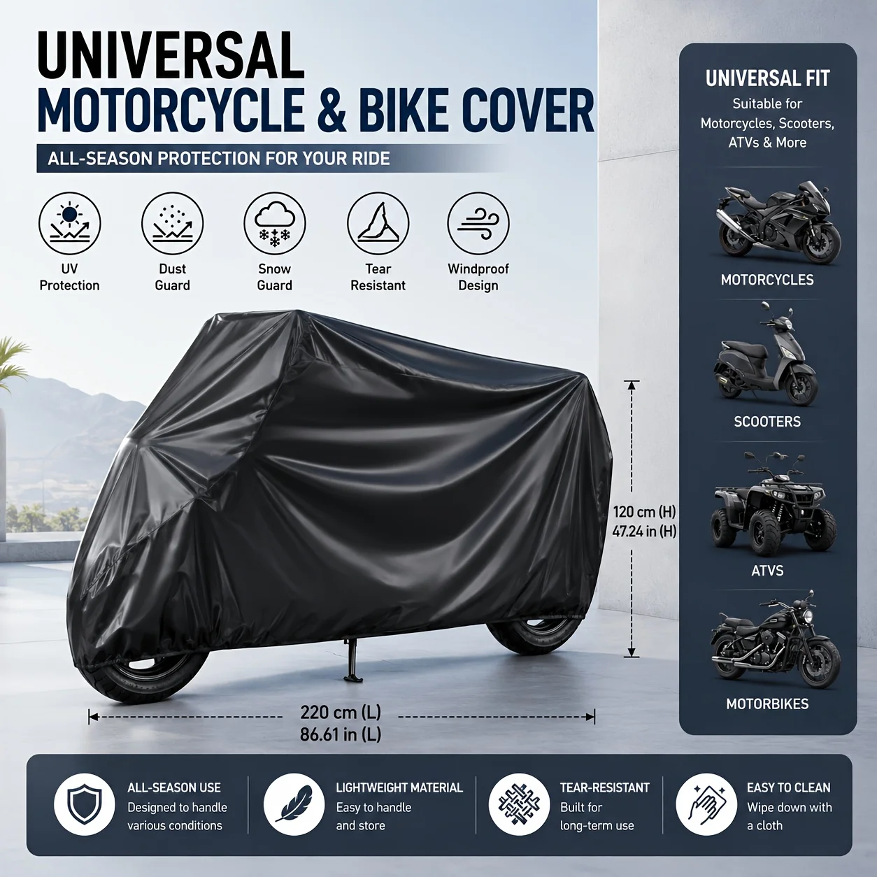 PEVA Verstärkte Wasserdichte Motorrad-Regenhülle Vollständige Abdeckung Sonnenschutz Staubdichte Schutzhülle für E-Bike, Roller, Fahrrad, ATV – Detail 2