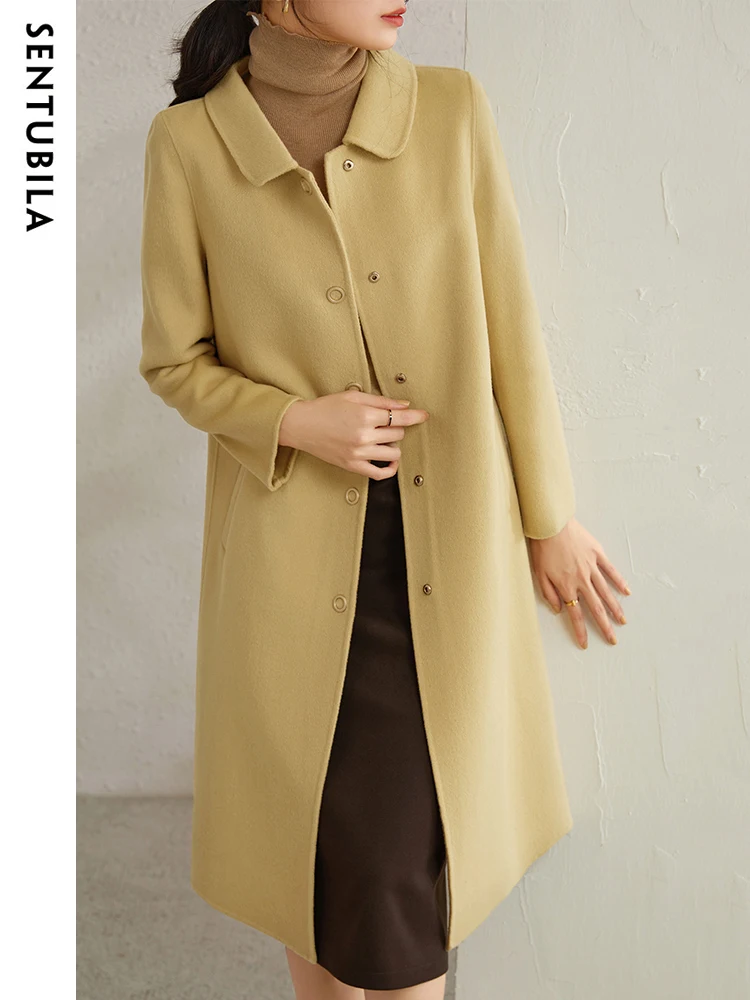 SENTUBILA Longline Winter 100% Wool Coat for Women 2024 Elegant Single Breasted Warm Wool Overcoats Ladies Outerwear W14O36582