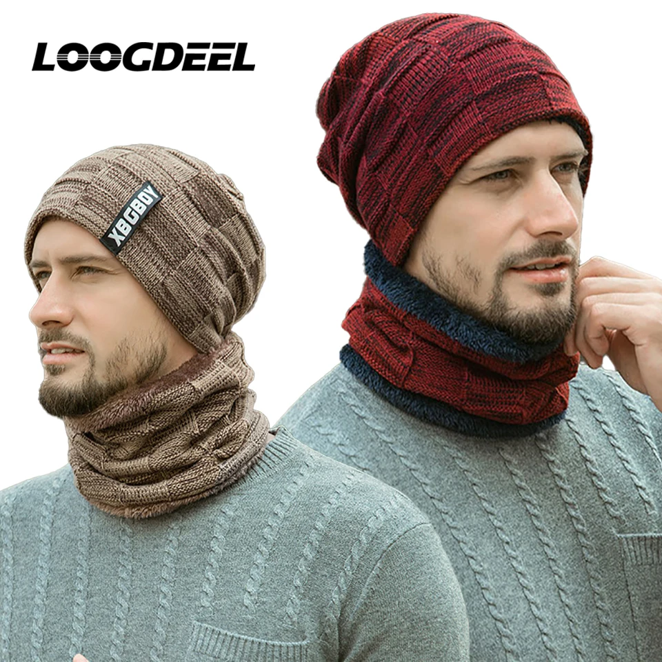 LOOGDEEL Wintermütze für Herren und Damen, Pullover, Mütze, Schal, Anzug, plus Samt, Fleece, gefüttert, dick, warm, Radfahren, Ski, Beanie, gestrickte Kopfbedeckung