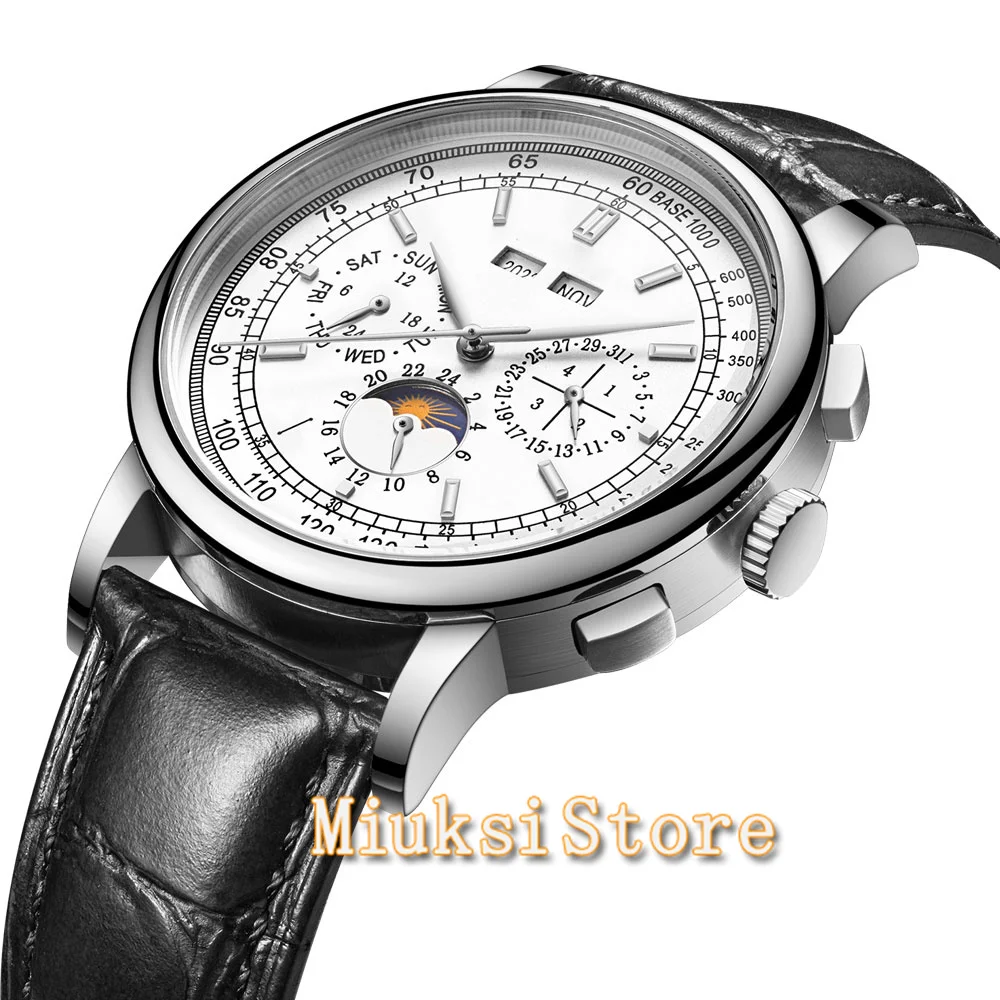 42mm Watch Custom LOGO Mens Watch Mechanical White Dial 316L Case Moon Phase Calendar WatcMultifunction Leather Strap Automatic