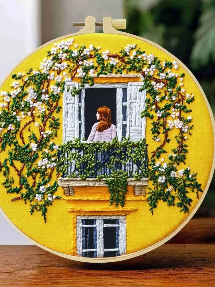 1 Stück 20X20CM/15X15CM Stickerei-Starter-Set DIY-Set Kreuzstich-Nähkunst - Die Frau am Fenster – Detail 1