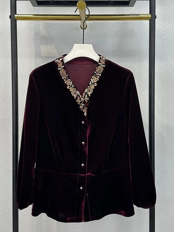 

Ele V-Ne Silk Velvet irt Women's Spring 2025 Slimming Open Cardigan Embroidered Faionable Small irt for Mom