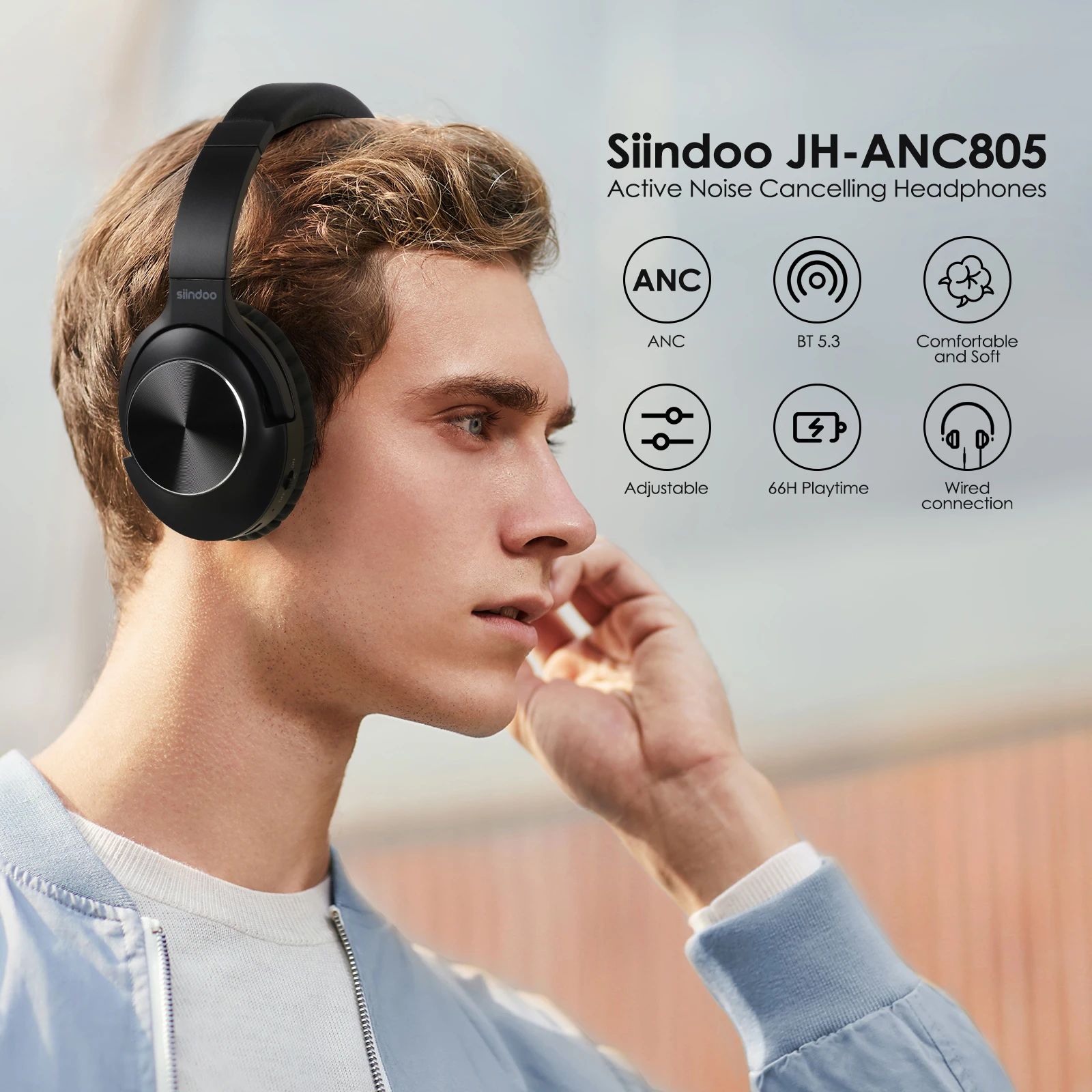 Siindoo Active Noise Cancelling Headphones, Wireless Over Ear Bluetooth 5.3 Headset, 65 Hrs Playback, Deep Bass, Built-in Mic