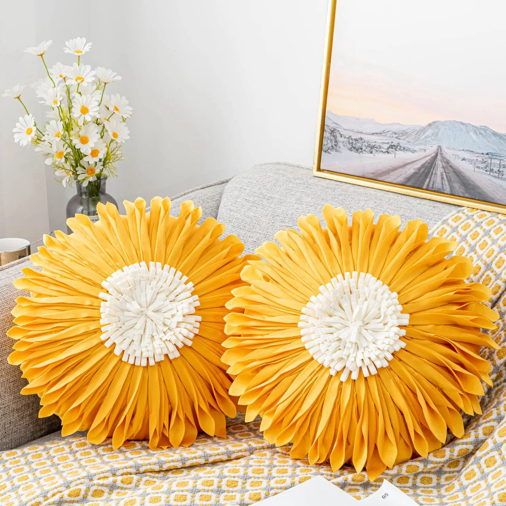 INS Style Sun Flower Round Square Cushion  Bedside Pillow for Living Room Model Room Car Bed Office 45cm
