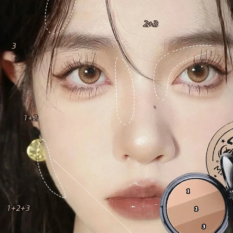 3 في 1 ثلاثة ألوان علبة بودرة أحمر الخدود الكنتوري مقاوم للماء يدوم طويلاً، مكياج وجه طبيعي رقيق #2