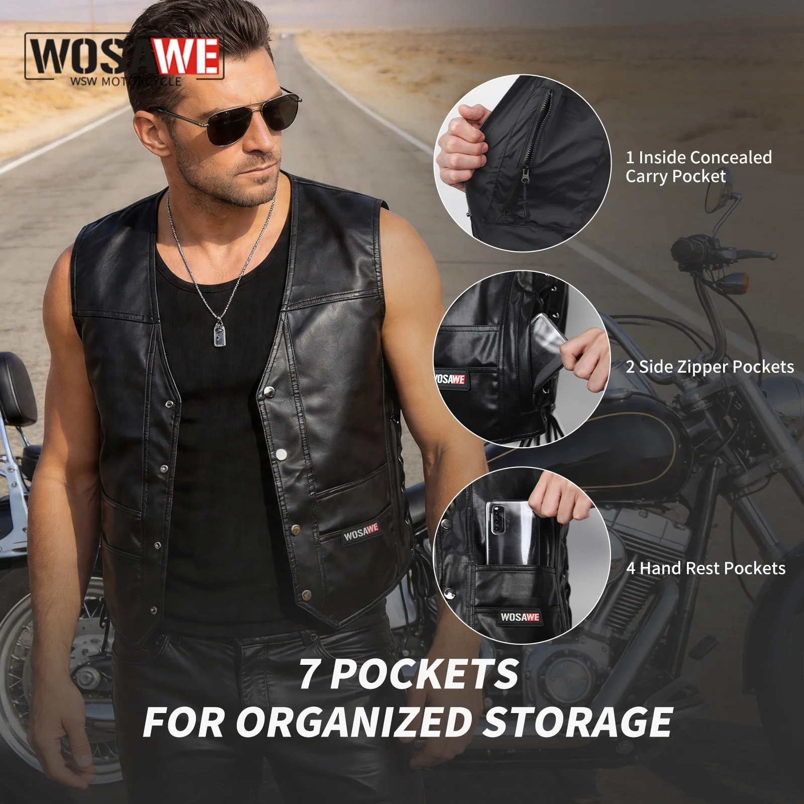 

WOSAWE Men Leather Vest Motorcycle Biker High Quality Vest Soft Leather Sleeveless Jackets Motorcycle Waistcoat
