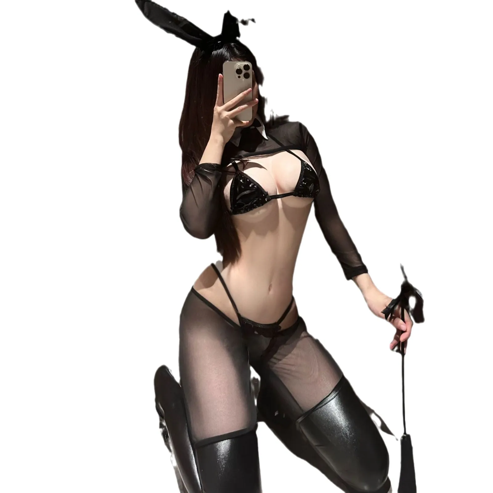 

Женское сексуальное женское белье, открытый бюстгальтер, фантазийная мини-юбка, ночная рубашка, сетчатая прозрачная униформа с кроликом для девочек, длинные носки из искусственной кожи, обувь