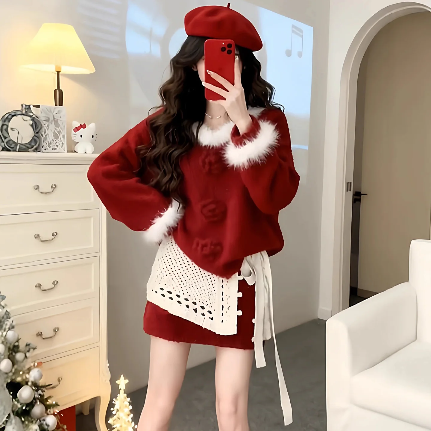 Original High Quality Christmas Theme Red Sweater Short Skirt Three Piece Set Women's Casual Sportswear Winter Fashion