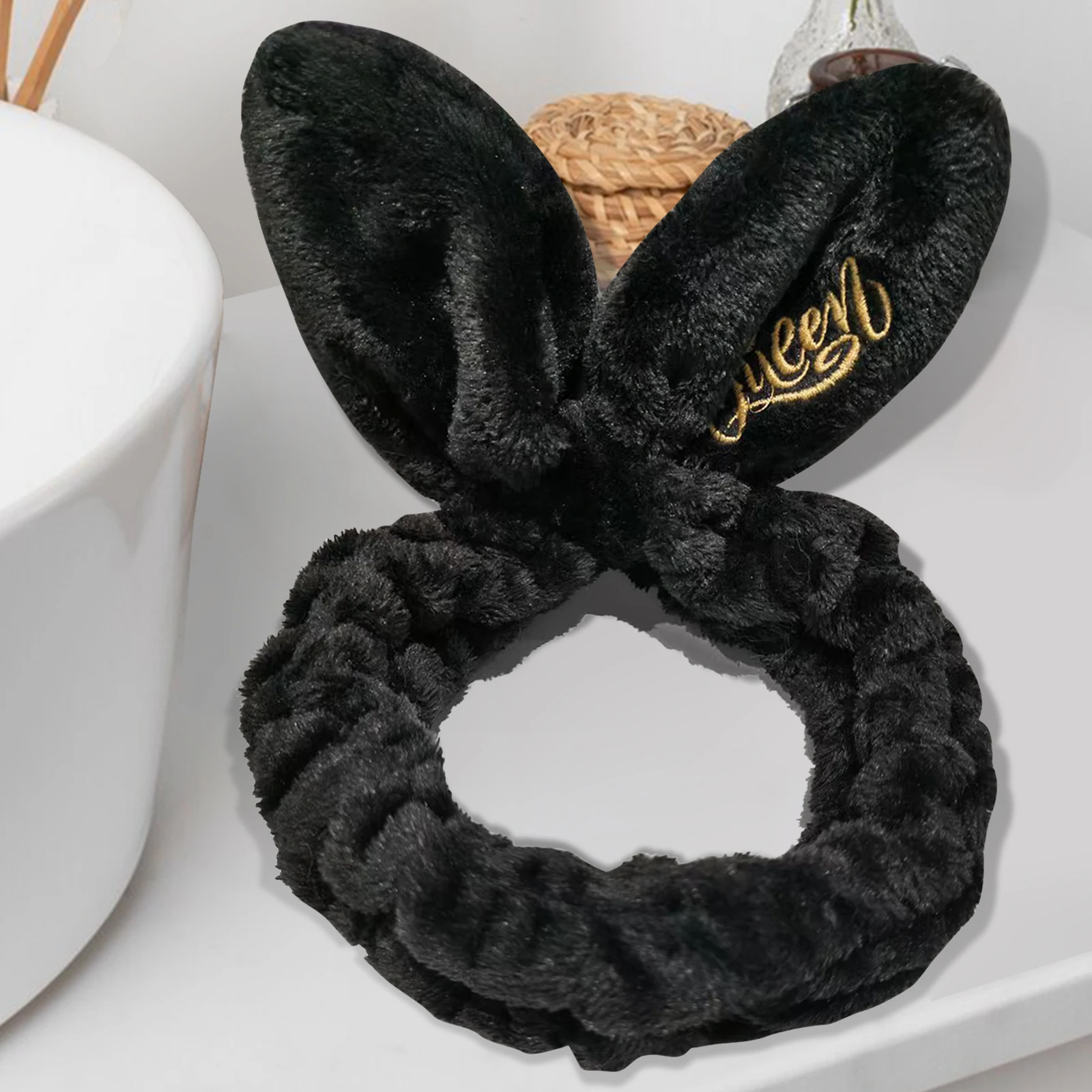 

Spa Headband Cute Rabbit Headbands Puffy Soft Headband for Makeup Face Washing Skin Care Shower Yoga (Black)