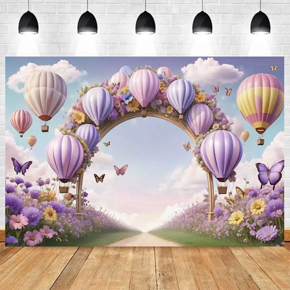 

Hot Air Balloon Theme Birthday Party Backdrops Butterfly Floral Flower Arch Children Portrait Shooting Photography Background