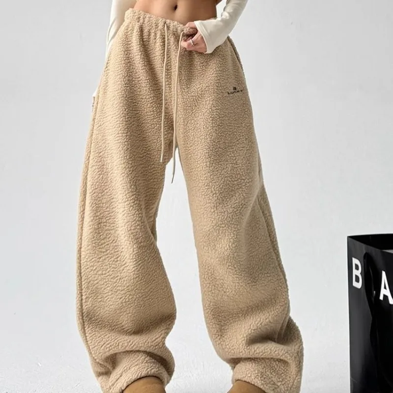 QWEEK Y2k Casual Winter Sweatpants Woman Oversize Korean Popular Harajuku Thick Pants Autumn Warm Khaki Wide Leg Trousers 2024