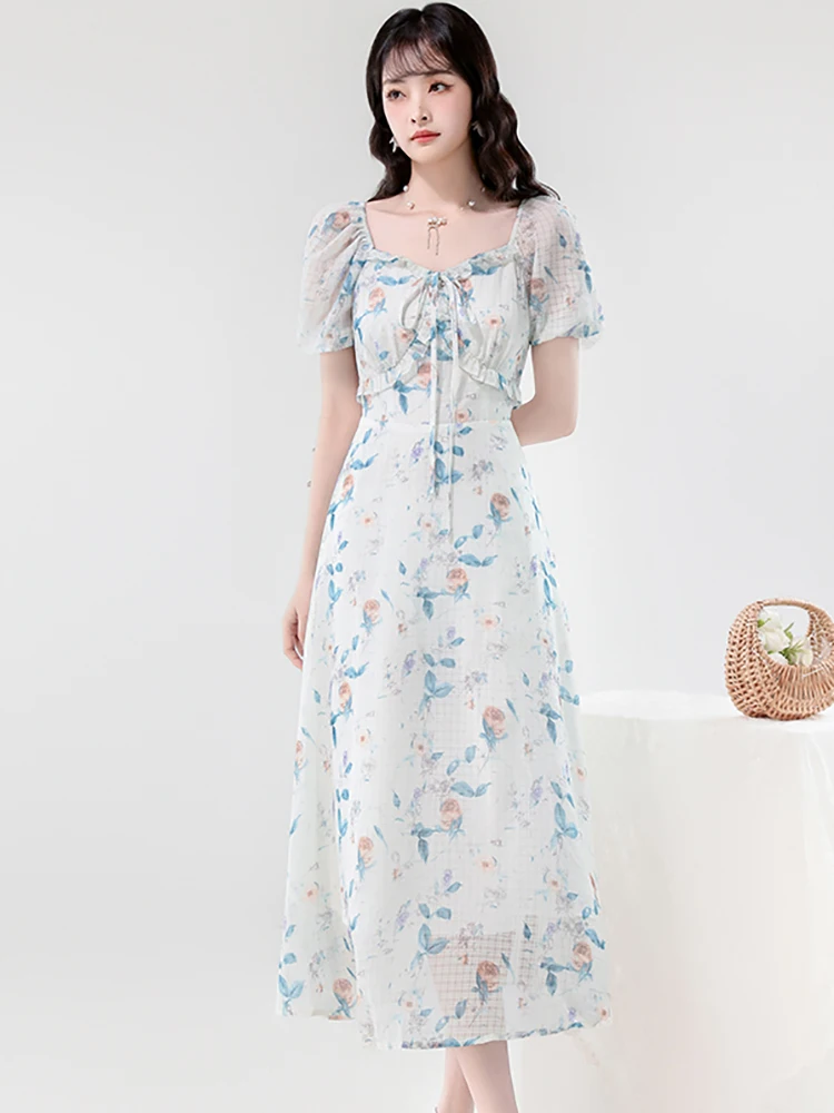 Women Floral Chiffon Chic Ruffled Bow Square Collar Long Dress 2025 Boho Elegant Bodycon Holiday Dress Summer Casual Party Dress