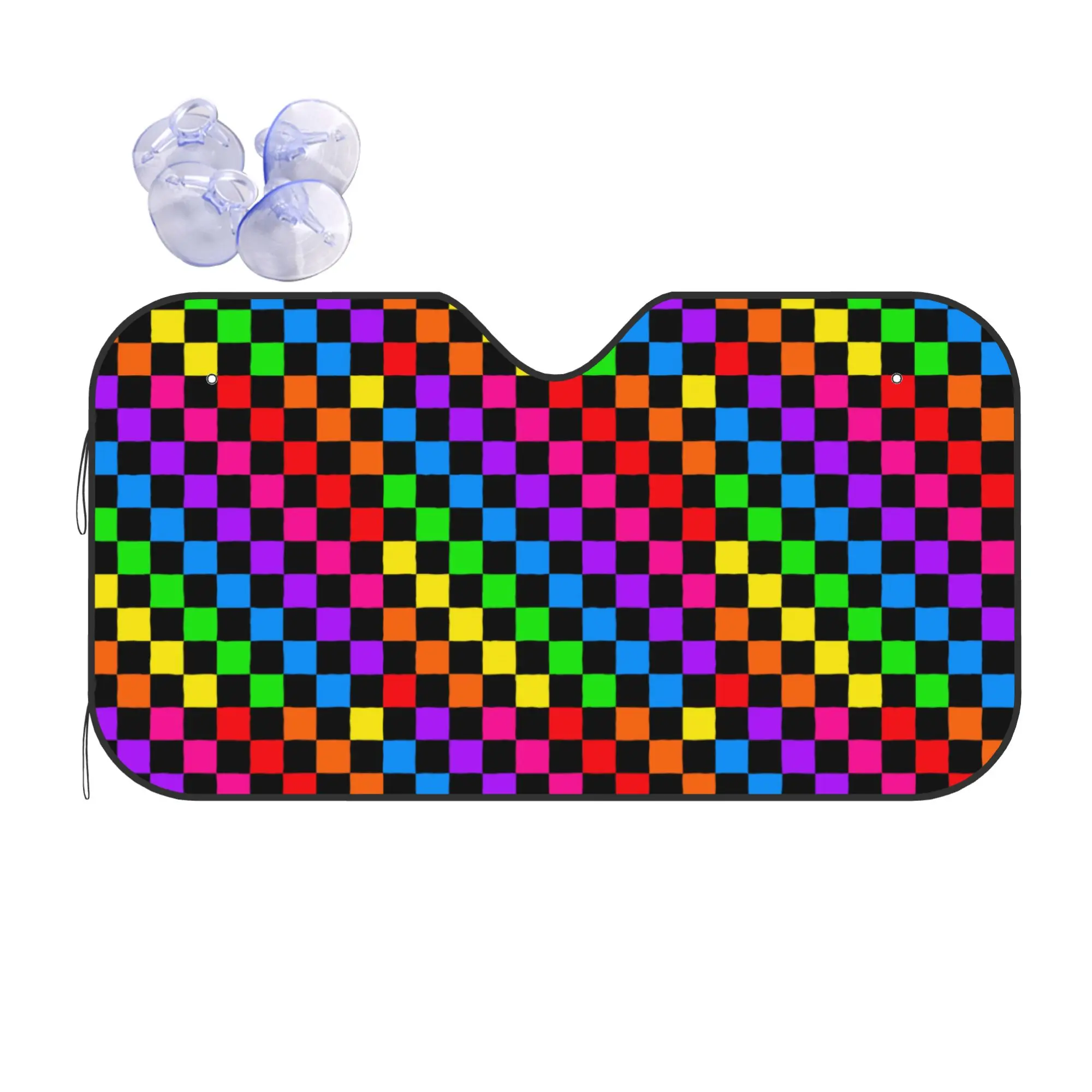 Rainbow Checkers Checkerboard Car Front Windshield Sun Visor Car Sun Shade Heat Insulation Cover  Aluminum Foil Car Sunshade