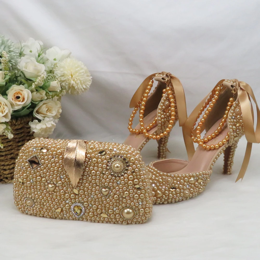 Autumn New Arrival Sandals Wedding Crystal Bridal wedding shoes and bag set woman Fashion Thin Heel Bling Pearl fashion Sandals