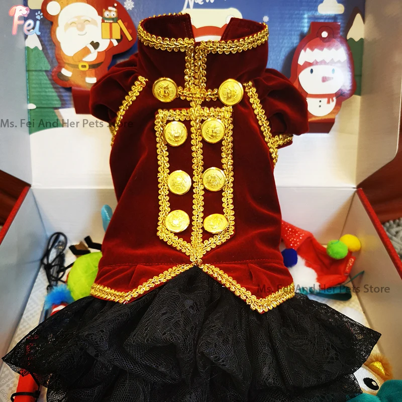

Luxury Burgundy Velvet Dog Dress with Gold Chains & Buttons, Black Lace Skirt Christmas Party Gown for Small Dogs - Teddy,Bichon