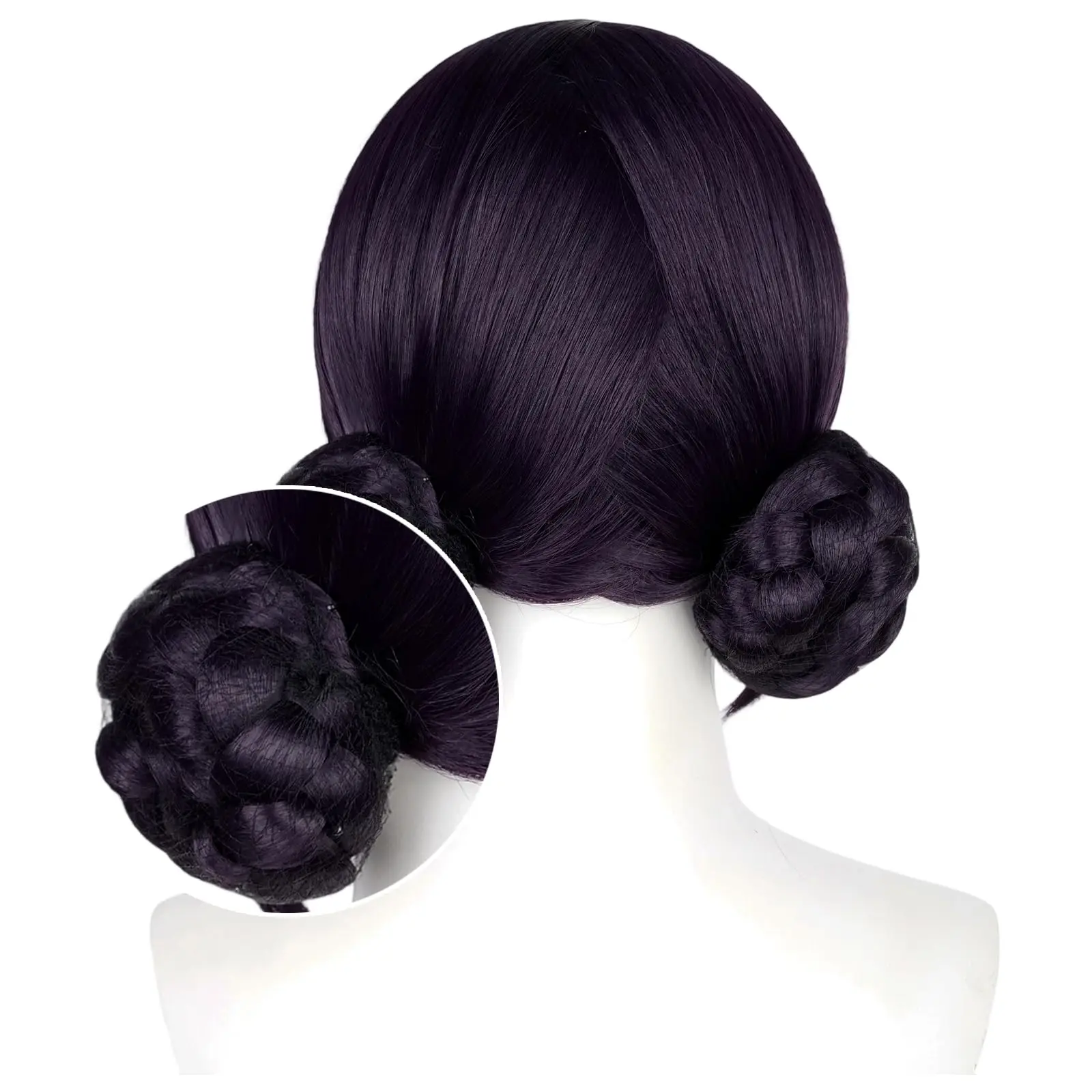 映画&アニメキャラクターコスプレウィッグ、黒紫ダブルバン合成ウィッグ、ストレートバングス編み込みバンウィッグ、コスプレやパーティー用