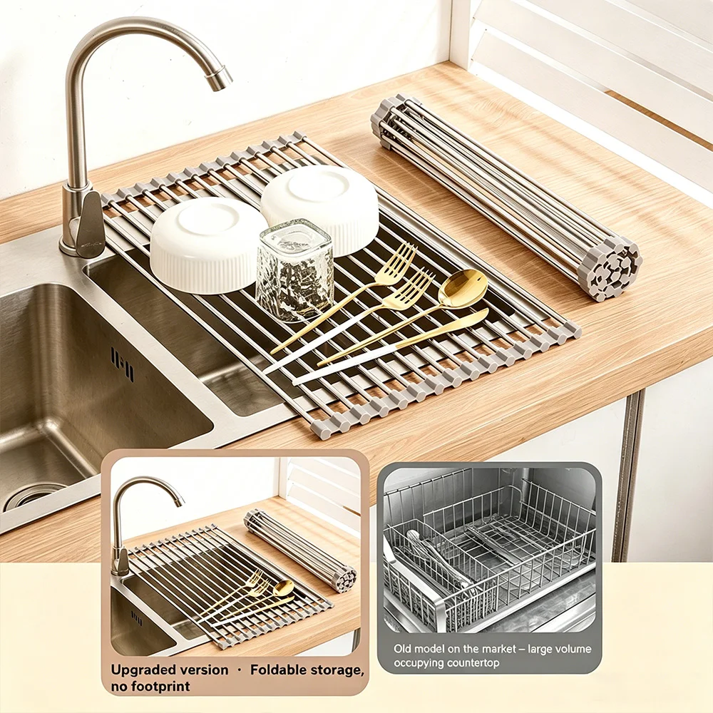 Kitchen Multifunctional Foldable Sink Drain Rack Stainless Steel Dish Fruit Drying Storage Shelf Bowl Organizer view 3