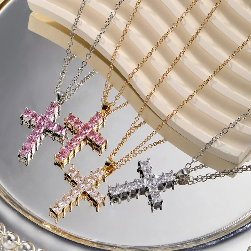 Fashion Cross Necklace Inlaid White/Pink Shiny Synthetic Gemstone Fashionable Versatile Women Necklace for Party Jewelry Gifts